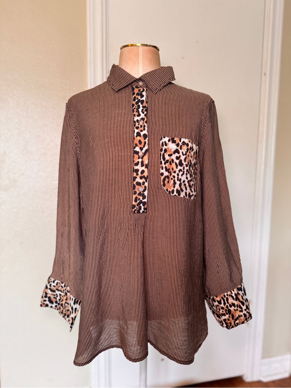 Multiples Brown Striped Button-Down with Leopard Trim